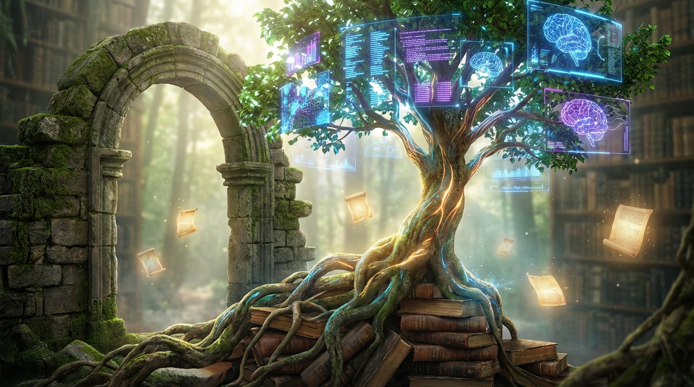 Fantasy futuristic tree in a garden of books.